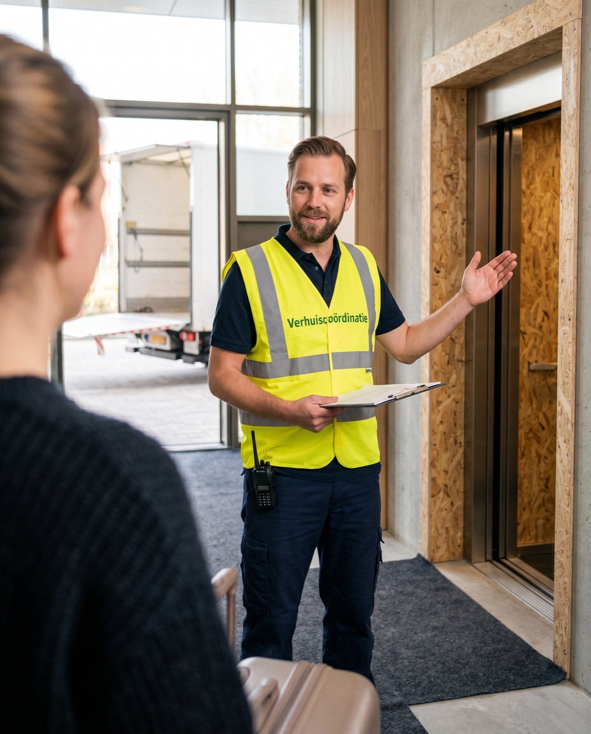Verhuiscoördinator in geel hesje wijst een bewoner de weg in de lobby van een nieuwbouwcomplex.